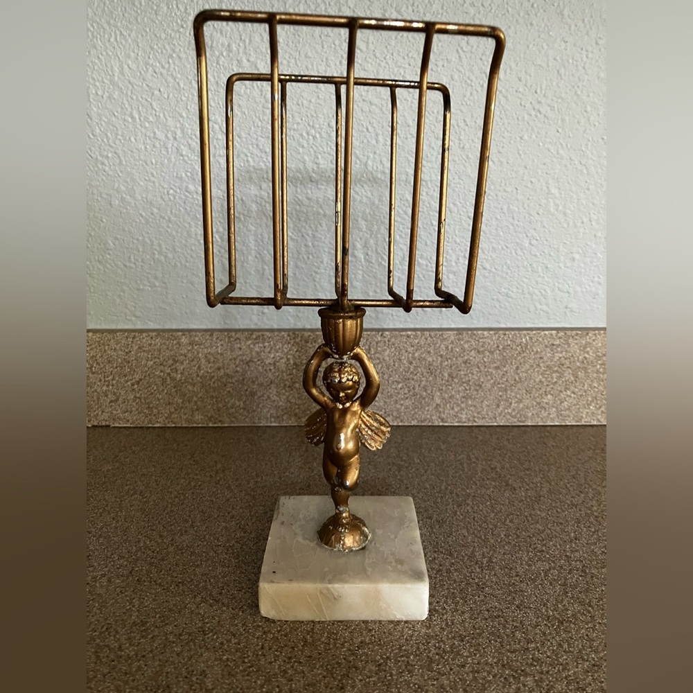 Gold Cherub Photo or Recipe Card Holder on Marble Base